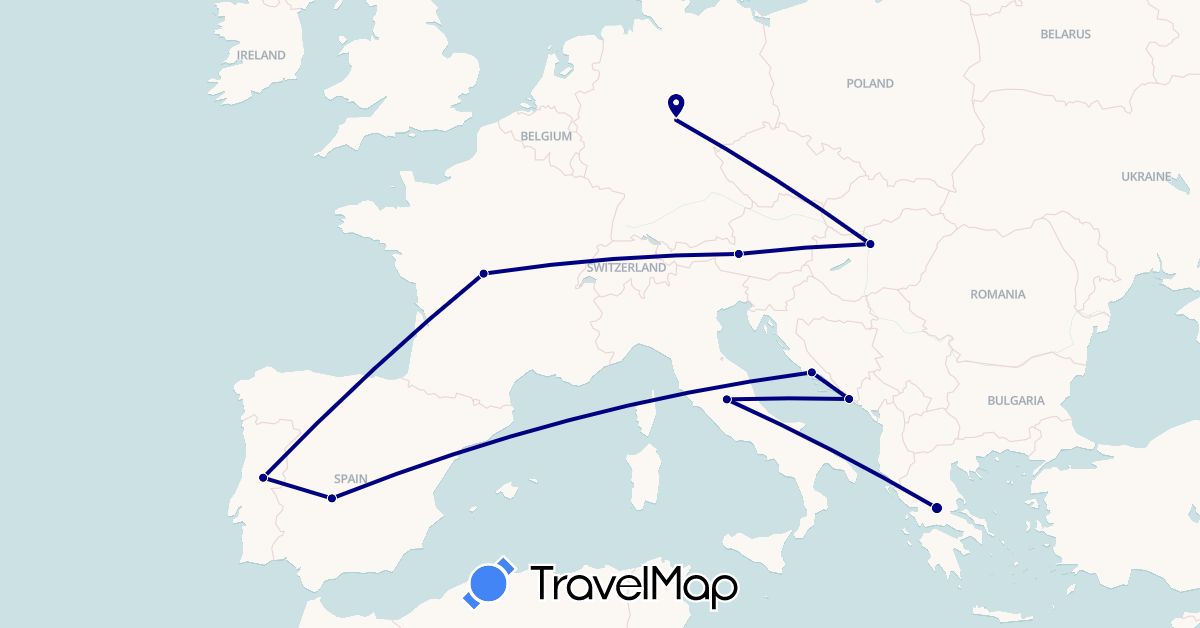 TravelMap itinerary: driving in Austria, Germany, Spain, France, Greece, Croatia, Hungary, Italy, Portugal (Europe)